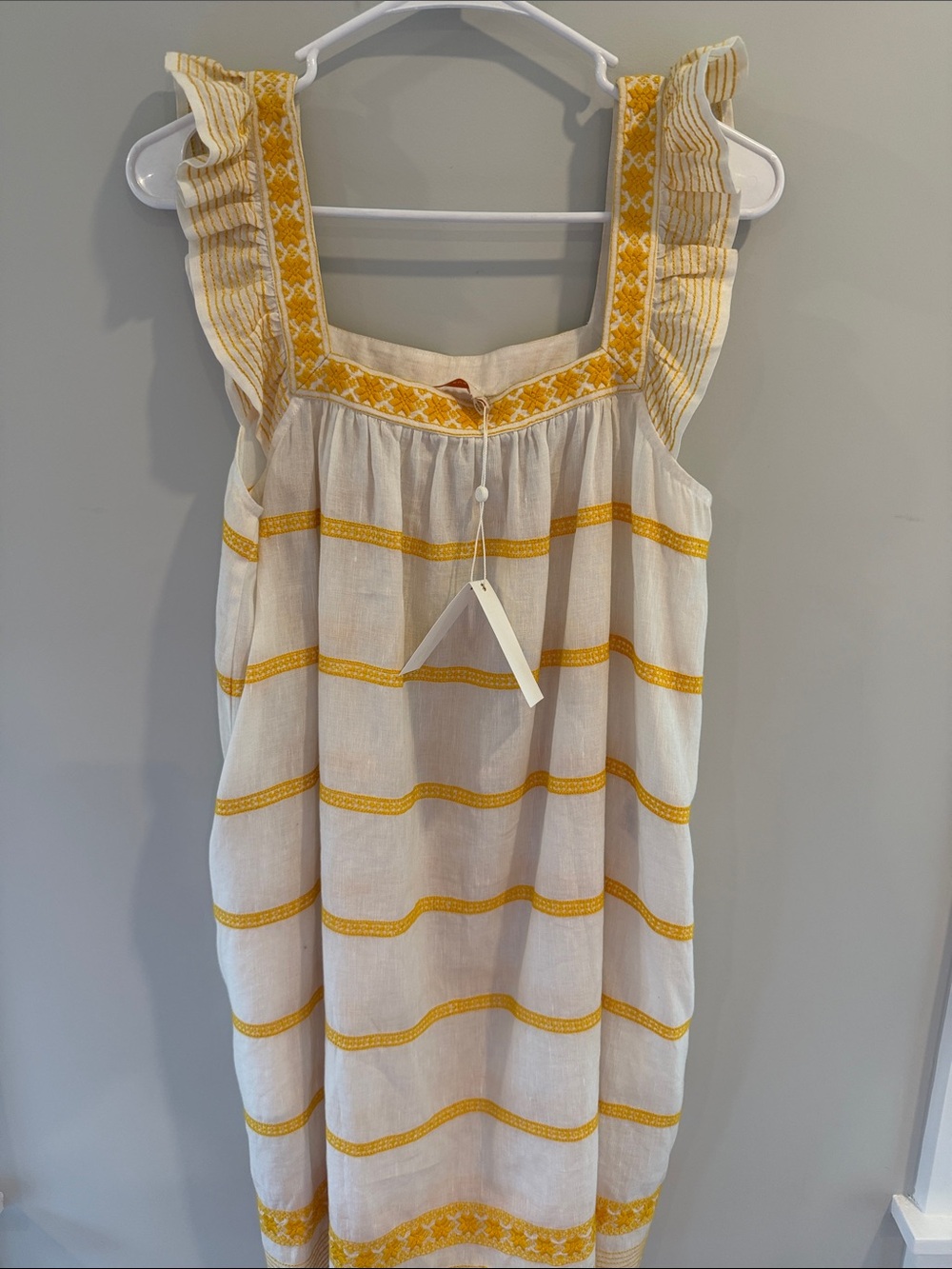 Tory Burch White Linen Sundress with Yellow Trim